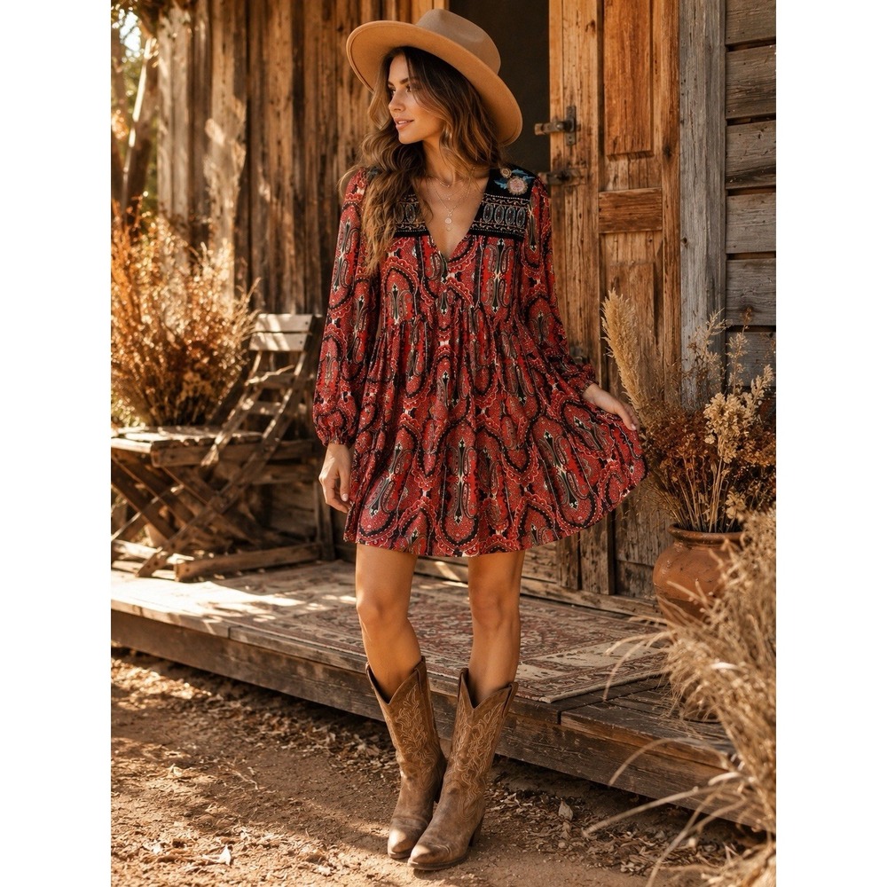 ZARA Mini Dress Women Sz L Multicolor Paisley Long Sleeve Embroidered Boho PP41